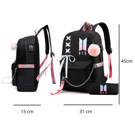 Mochila Escolar BTS Negra con Puerto USB y Alta Capacidad