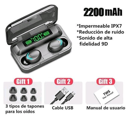 Audífonos Bluetooth F9 TWS con Power Bank 2000 mAh y Pantalla LED