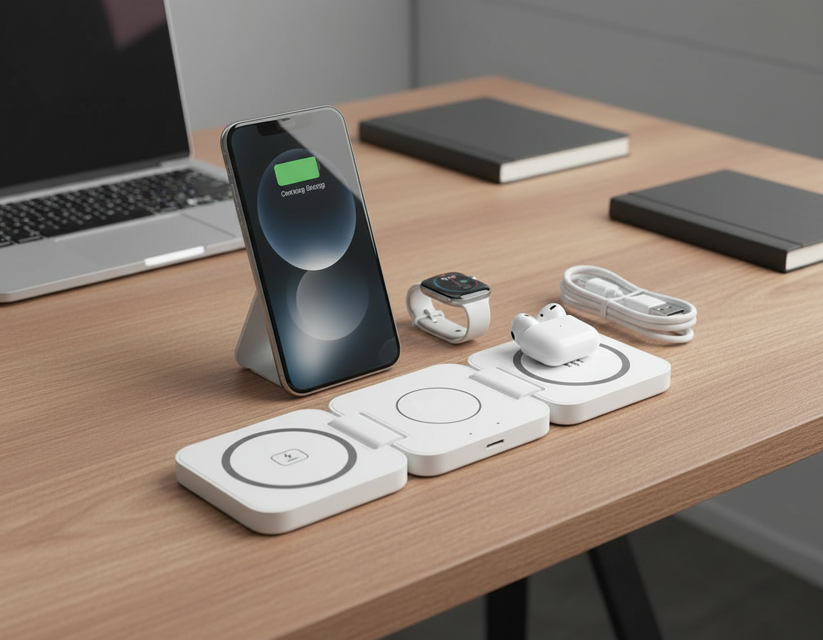 Cargador Inalámbrico 3 en 1 Plegable Qi para iPhone, Apple Watch y AirPods