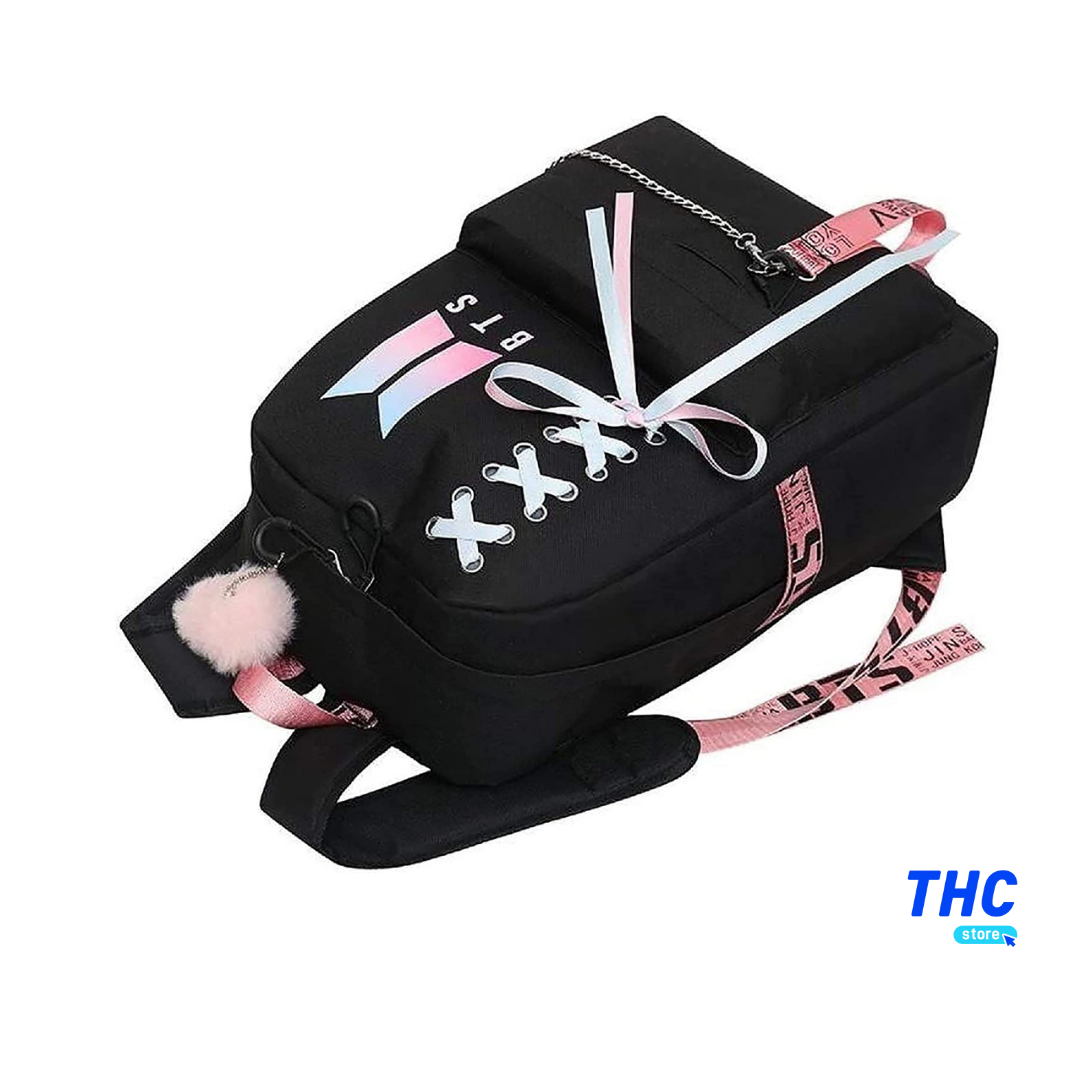 Mochila Escolar BTS Negra con Puerto USB y Alta Capacidad